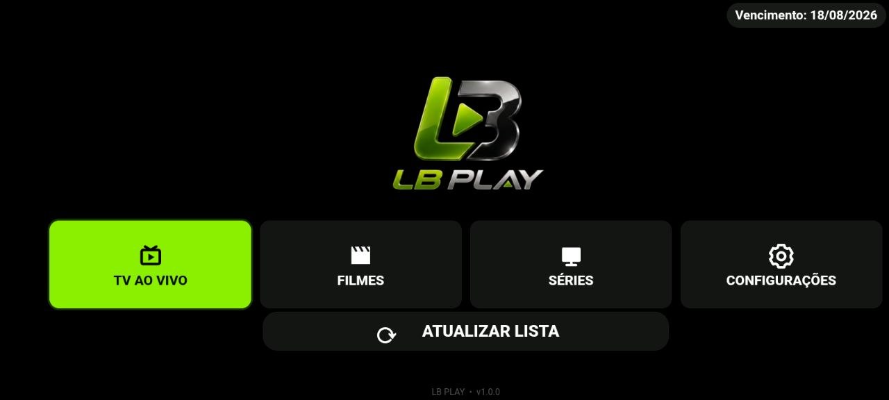 Tela principal do aplicativo LB Play com as opções TV ao vivo, filmes, séries e configurações